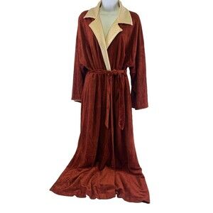 JcPenney Misses Robe Vintage Velour Quilted Collar Brown Rust Tie Belt Womens L